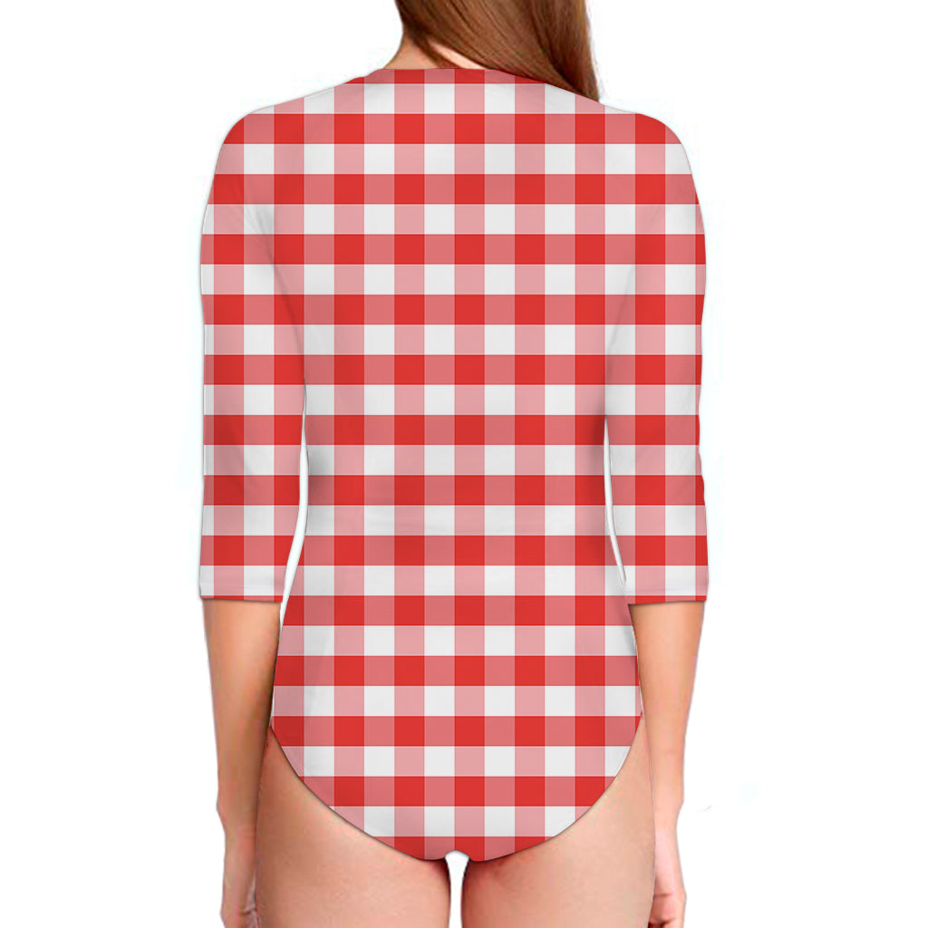 Red And White Gingham Pattern Print Long Sleeve Swimsuit