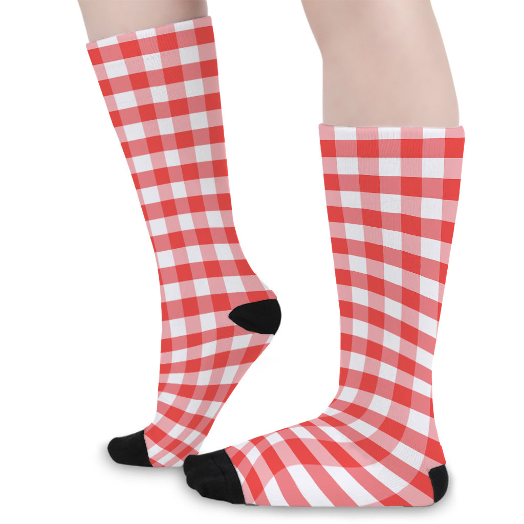 Red And White Gingham Pattern Print Long Socks