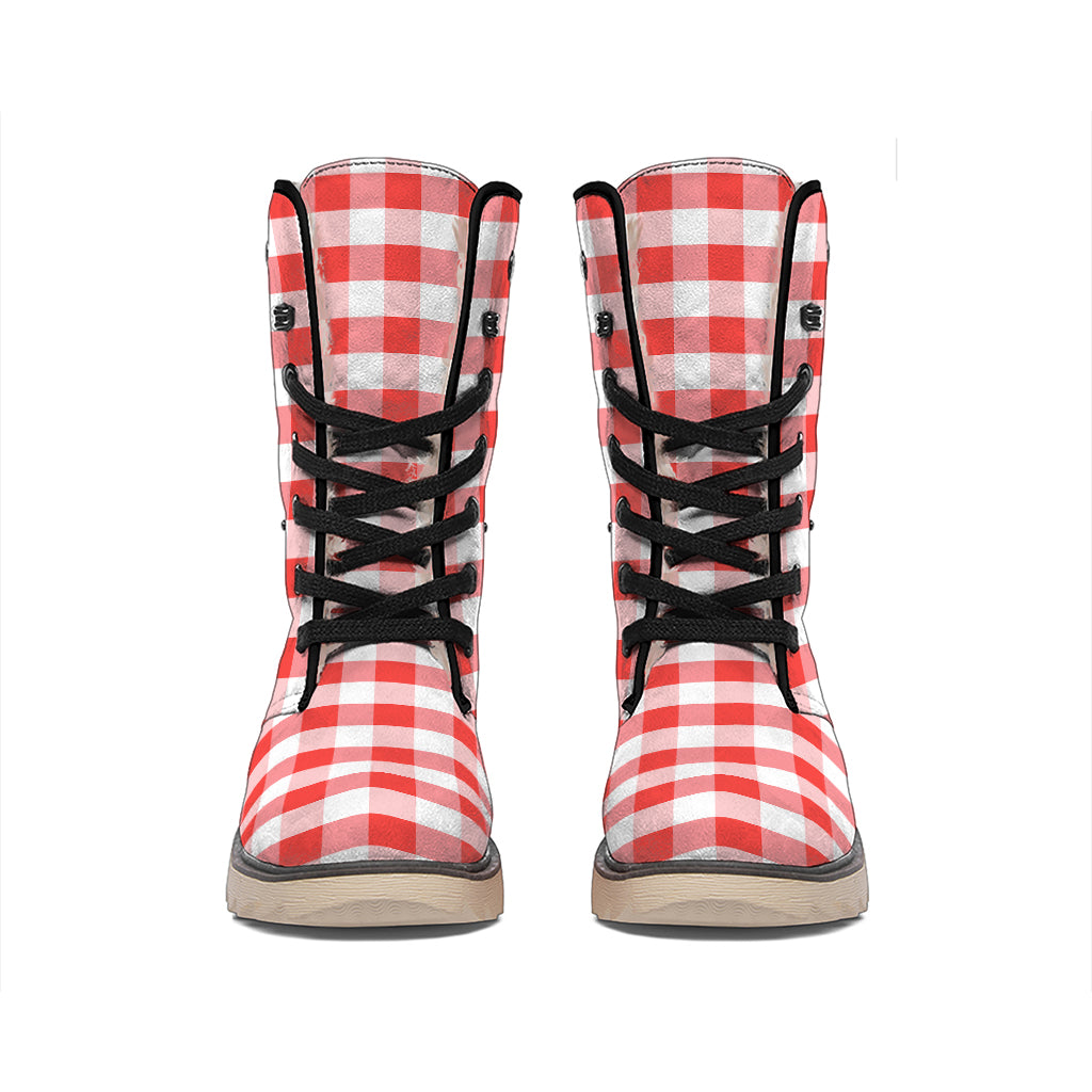 Red And White Gingham Pattern Print Winter Boots