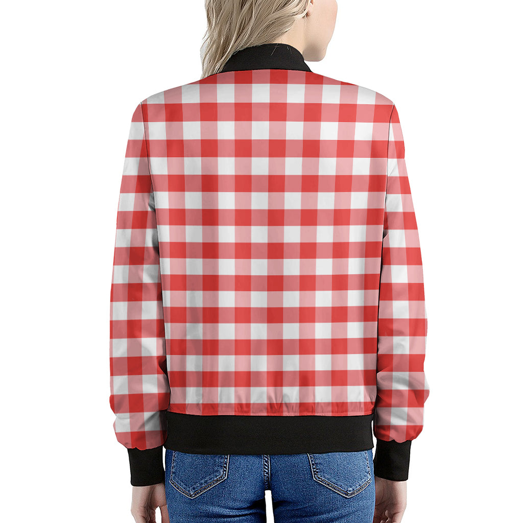 Red And White Gingham Pattern Print Women's Bomber Jacket