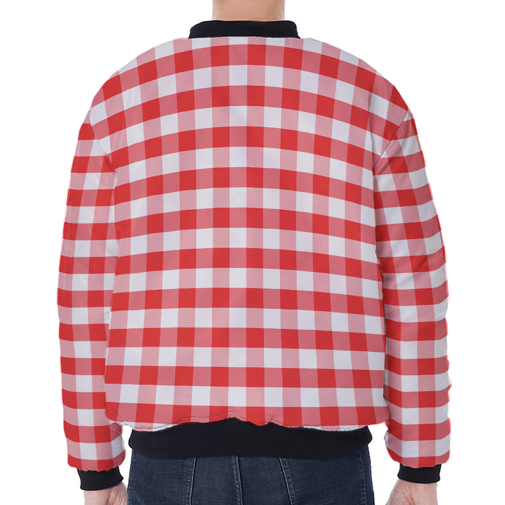 Red And White Gingham Pattern Print Zip Sleeve Bomber Jacket