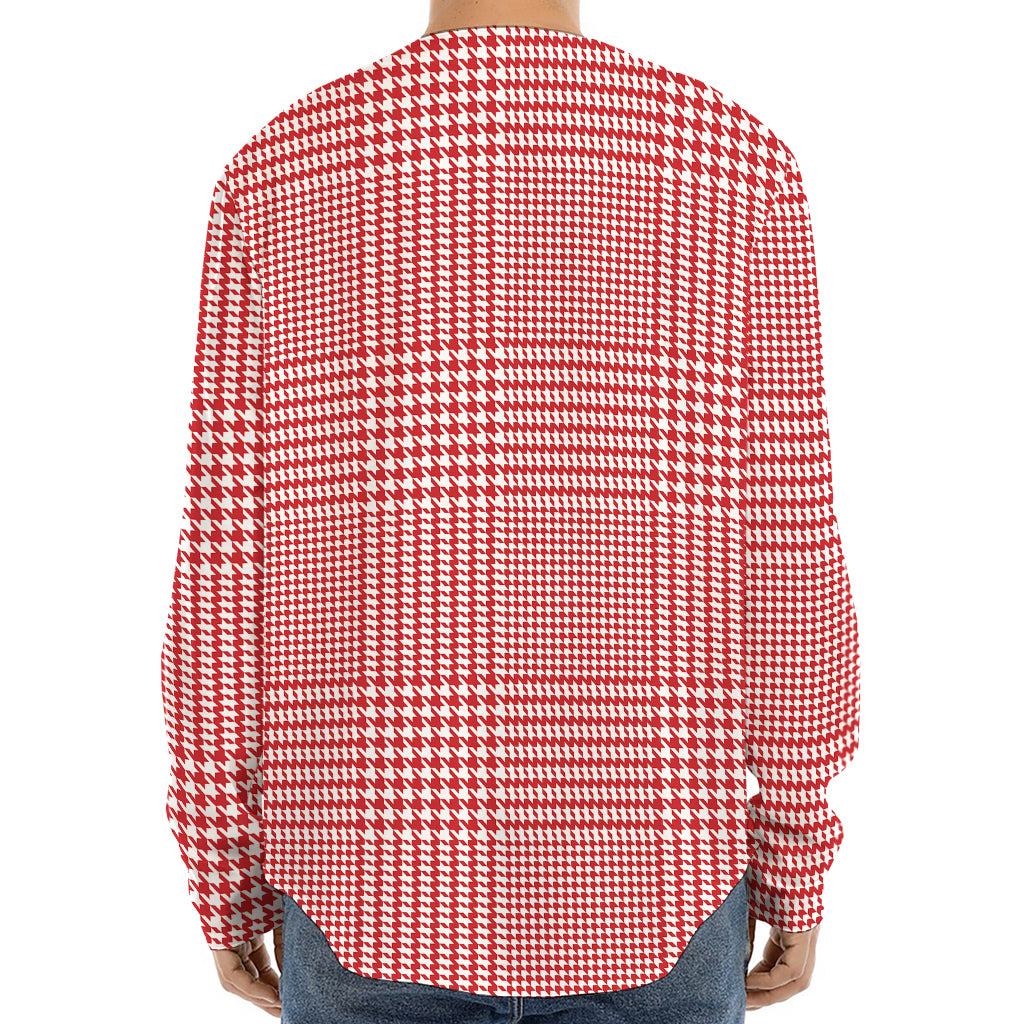 Red And White Glen Plaid Print Long Sleeve Baseball Jersey