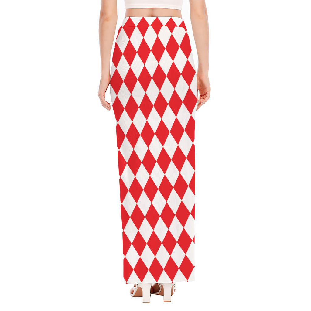 Red And White Harlequin Pattern Print High Slit Maxi Skirt