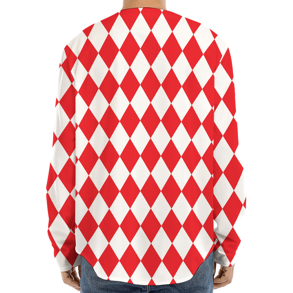 Red And White Harlequin Pattern Print Long Sleeve Baseball Jersey