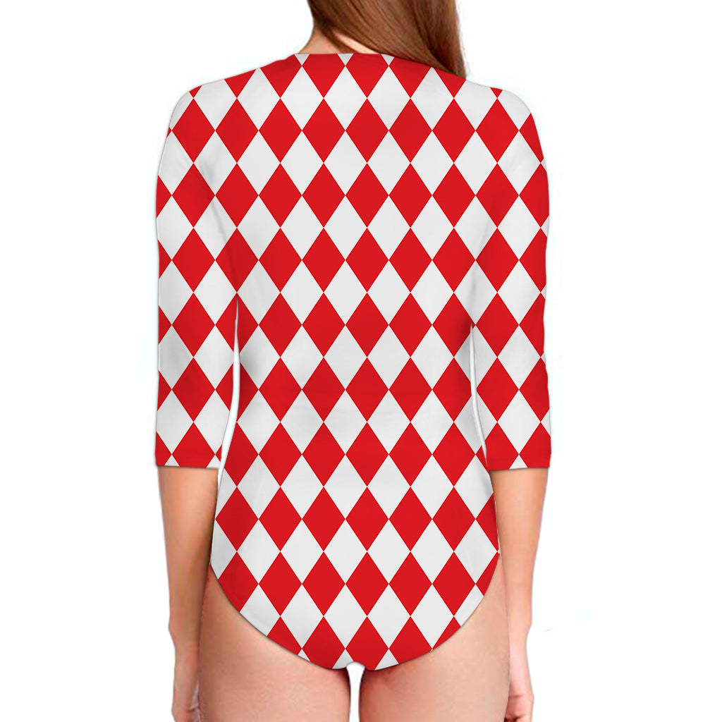 Red And White Harlequin Pattern Print Long Sleeve Swimsuit