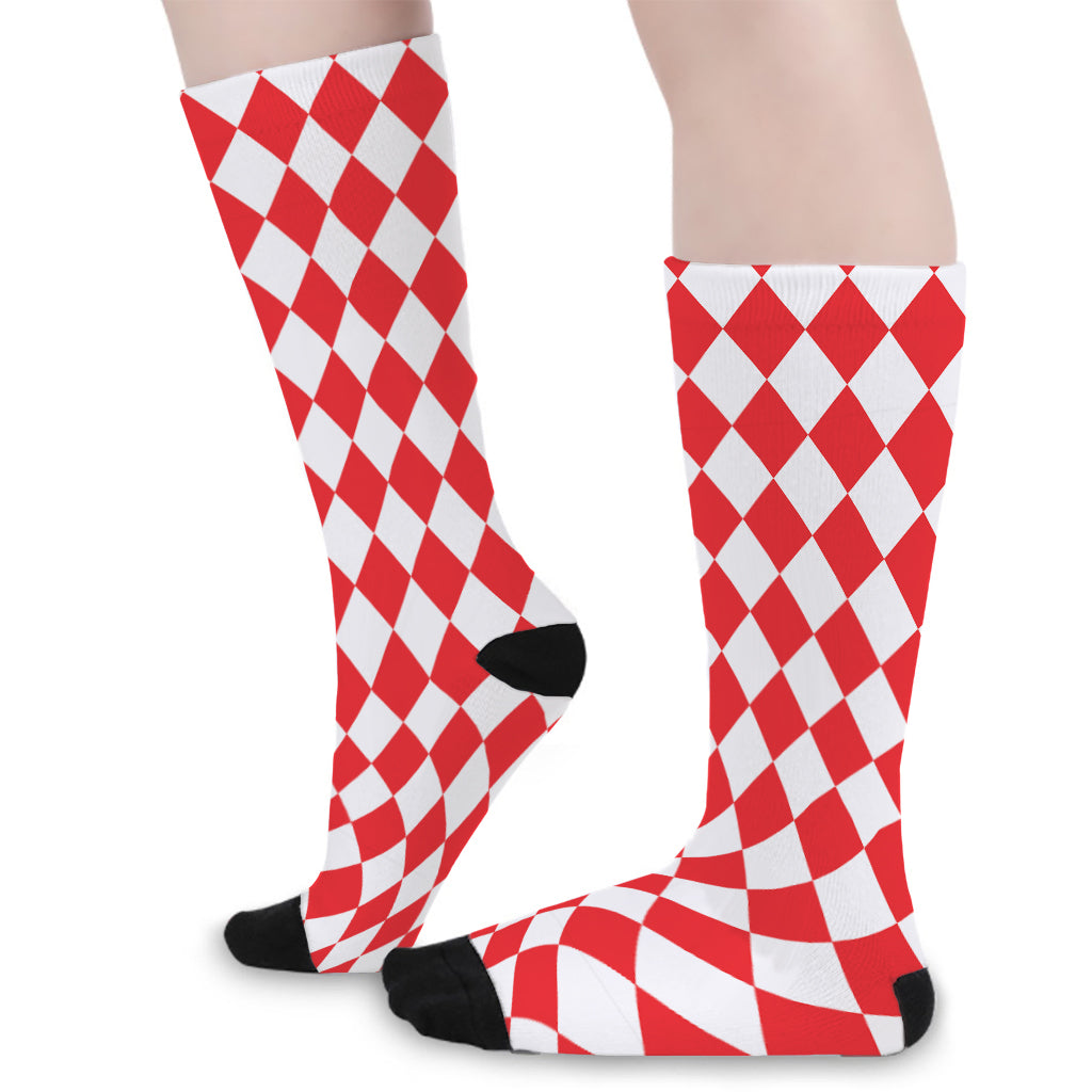 Red And White Harlequin Pattern Print Long Socks