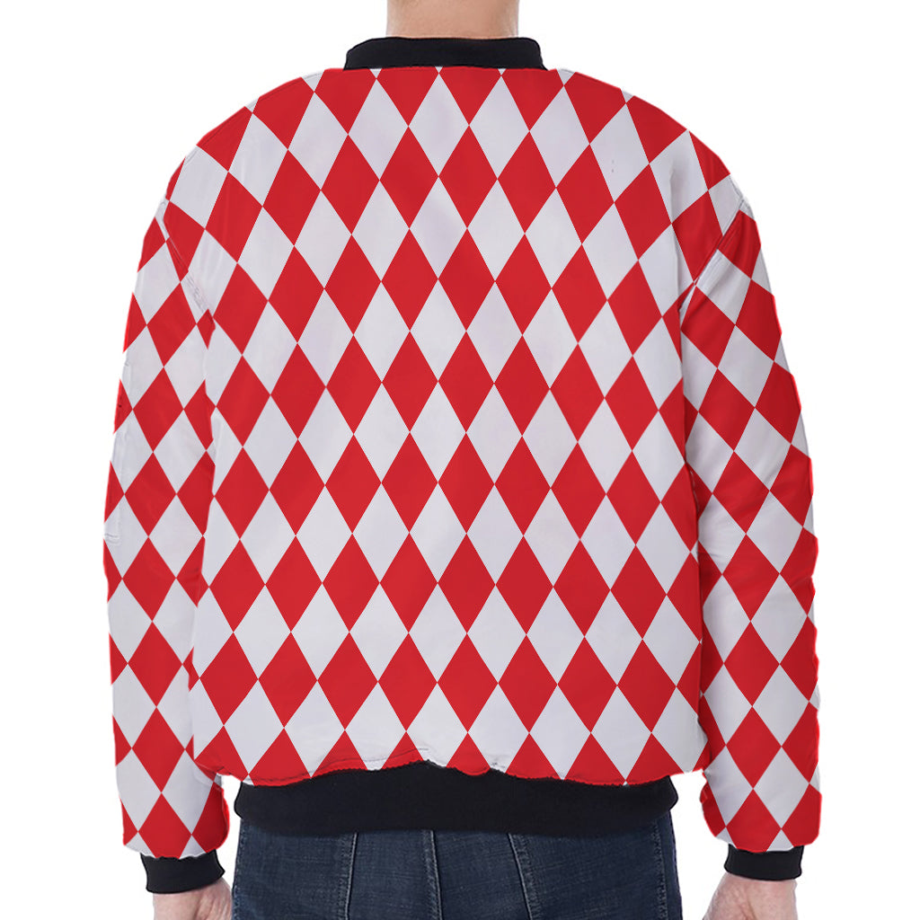 Red And White Harlequin Pattern Print Zip Sleeve Bomber Jacket