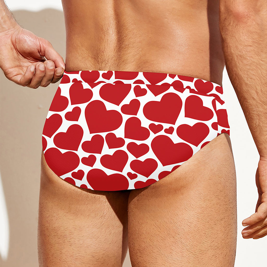 Red And White Heart Pattern Print Men's Swim Briefs