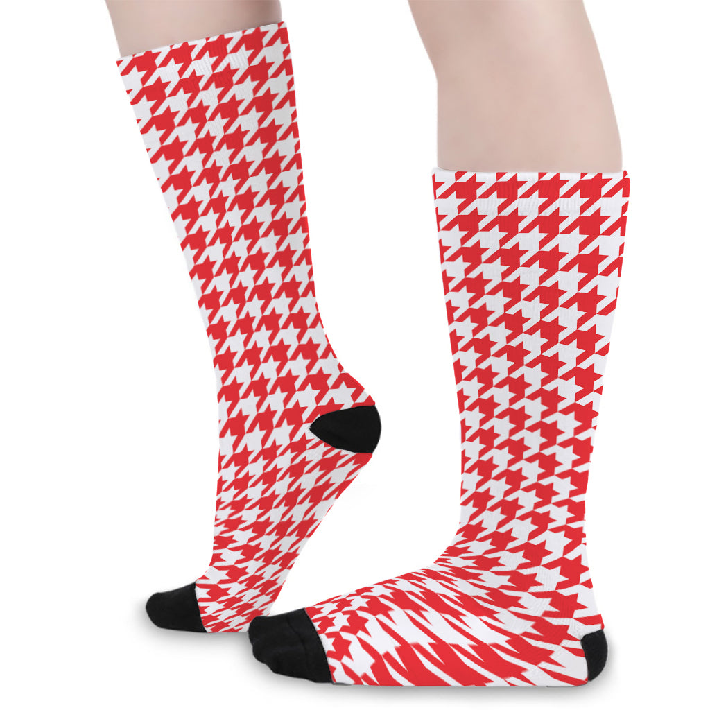 Red And White Houndstooth Pattern Print Long Socks
