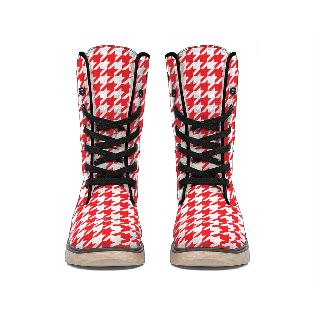 Red And White Houndstooth Pattern Print Winter Boots