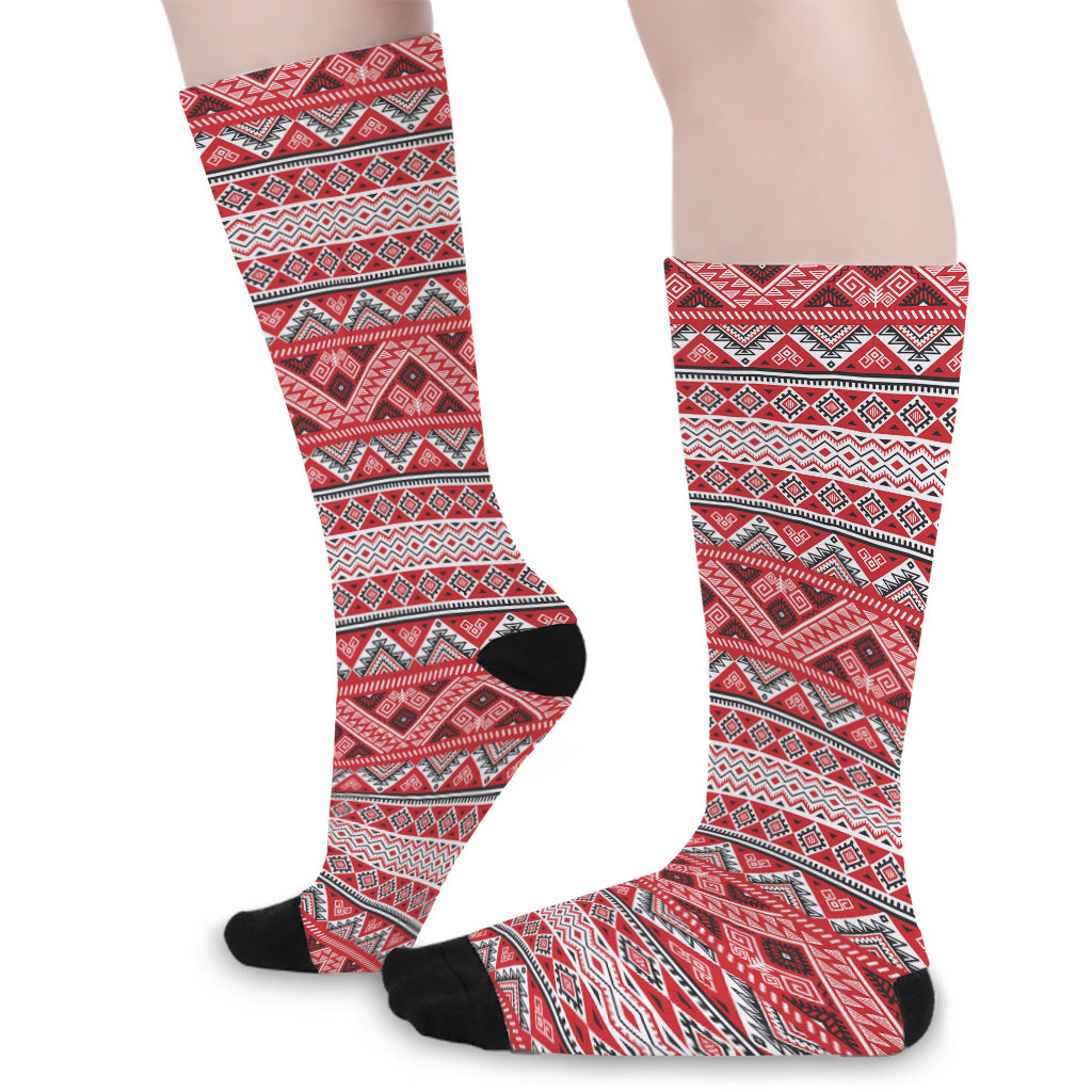 Red And White Native Tribal Print Long Socks