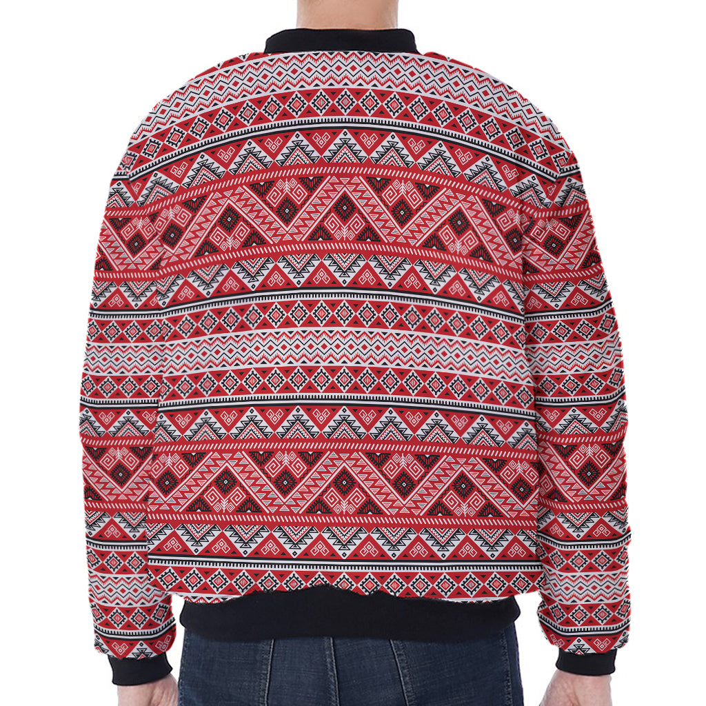 Red And White Native Tribal Print Zip Sleeve Bomber Jacket