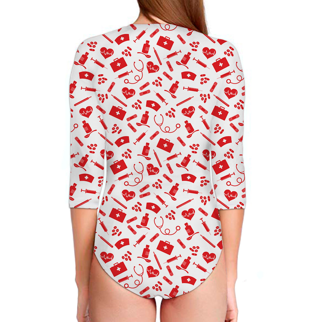 Red And White Nurse Pattern Print Long Sleeve Swimsuit