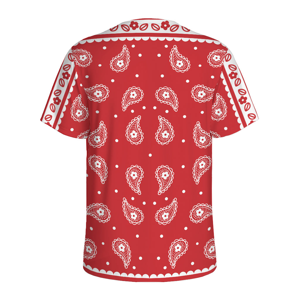 Red And White Paisley Bandana Print Men's Sports T-Shirt