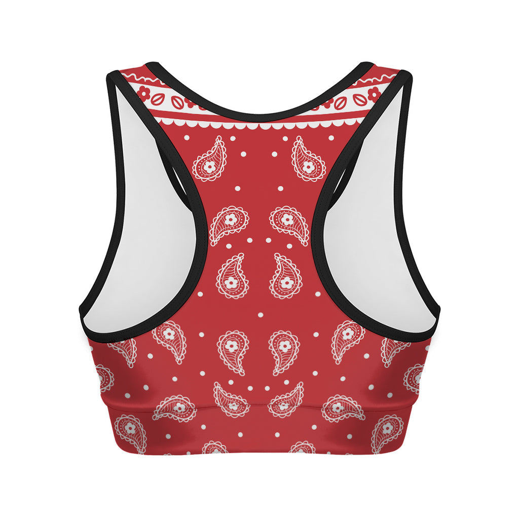 Red And White Paisley Bandana Print Women's Sports Bra