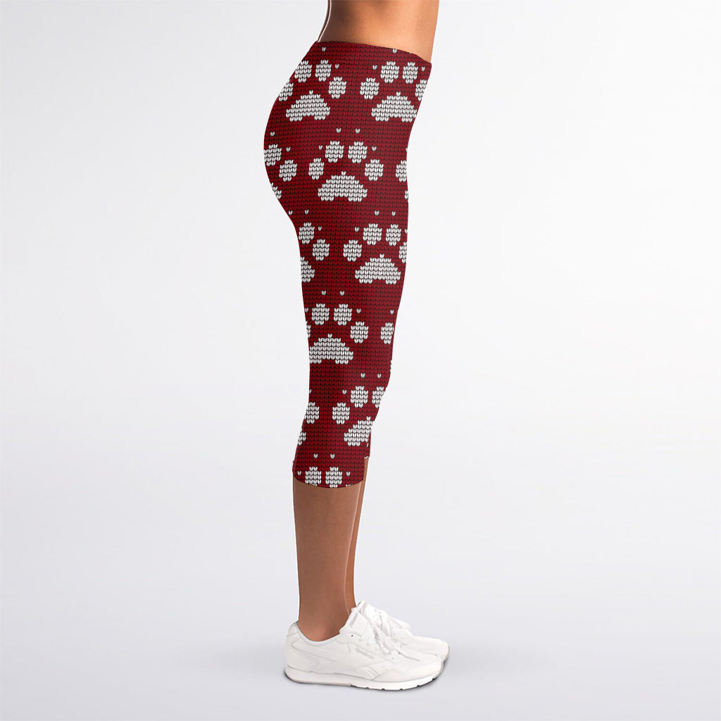 Red And White Paw Knitted Pattern Print Women's Capri Leggings