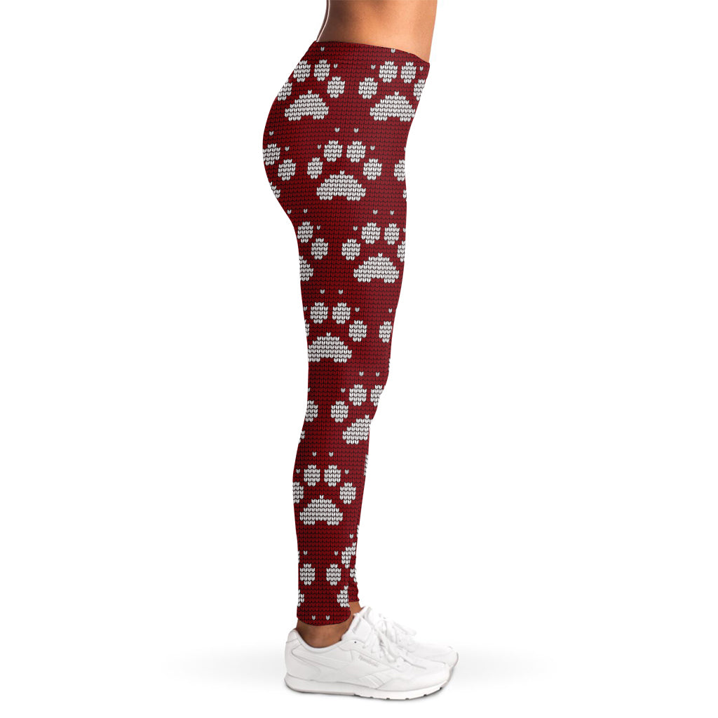 Red And White Paw Knitted Pattern Print Women's Leggings