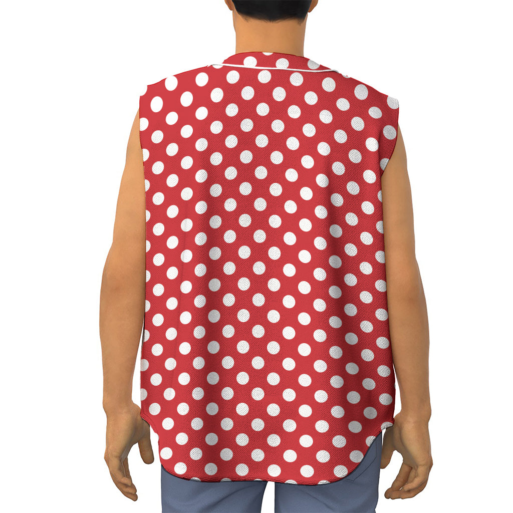 Red And White Polka Dot Pattern Print Sleeveless Baseball Jersey