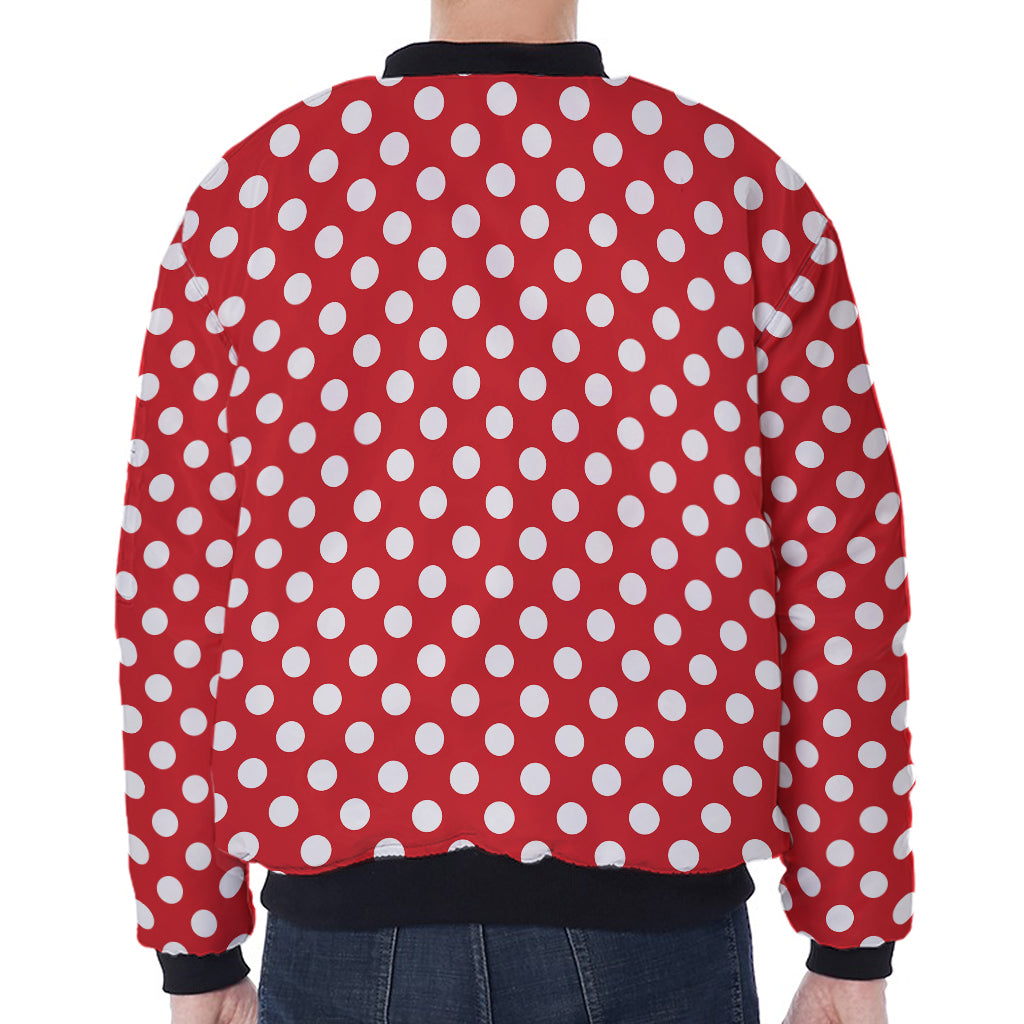 Red And White Polka Dot Pattern Print Zip Sleeve Bomber Jacket