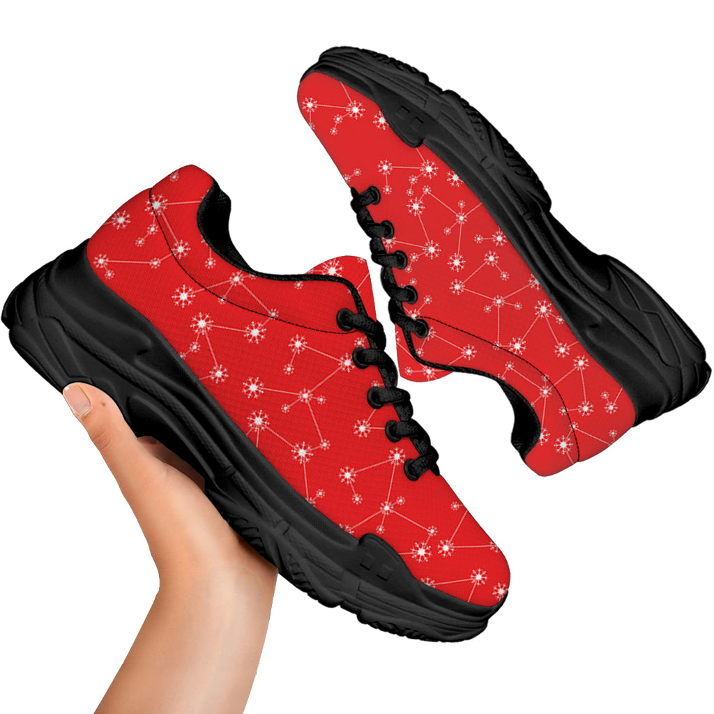 Red And White Snowflake Pattern Print Black Chunky Shoes