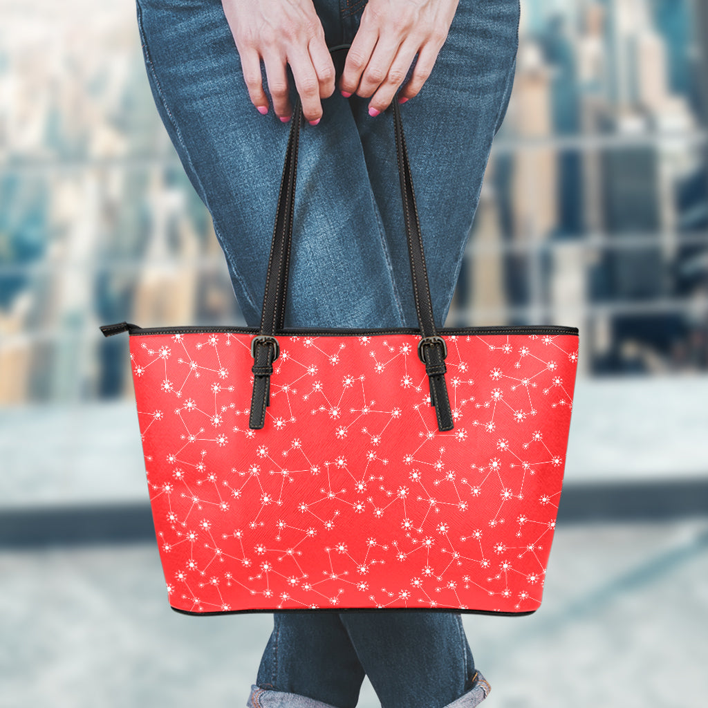Red And White Snowflake Pattern Print Leather Tote Bag