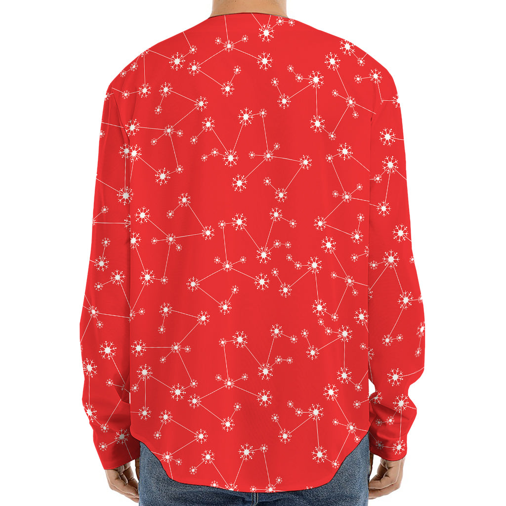 Red And White Snowflake Pattern Print Long Sleeve Baseball Jersey