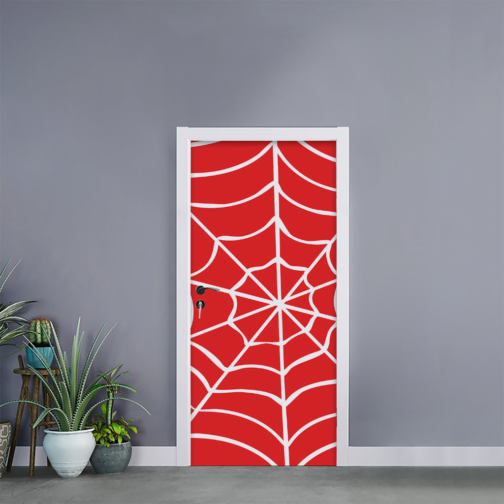 Red And White Spider Web Pattern Print Door Sticker