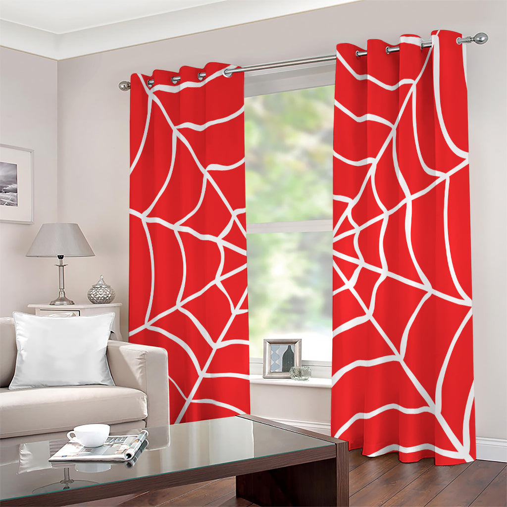 Red And White Spider Web Pattern Print Extra Wide Grommet Curtains