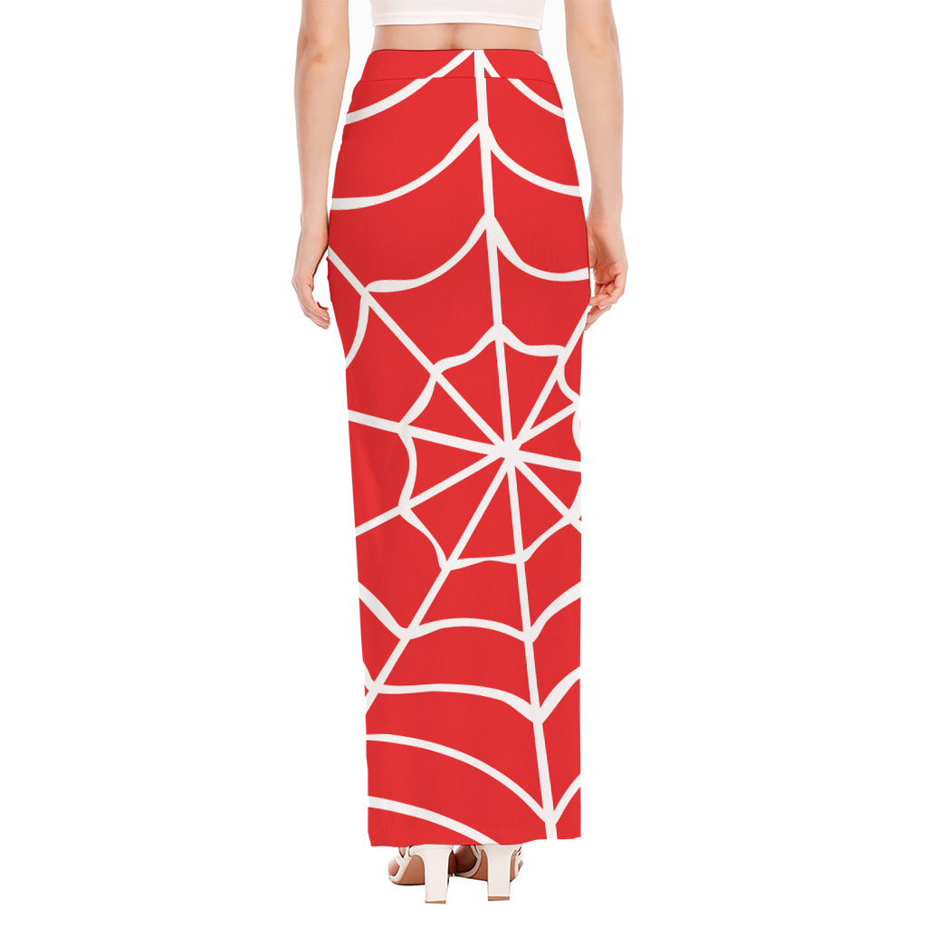 Red And White Spider Web Pattern Print High Slit Maxi Skirt