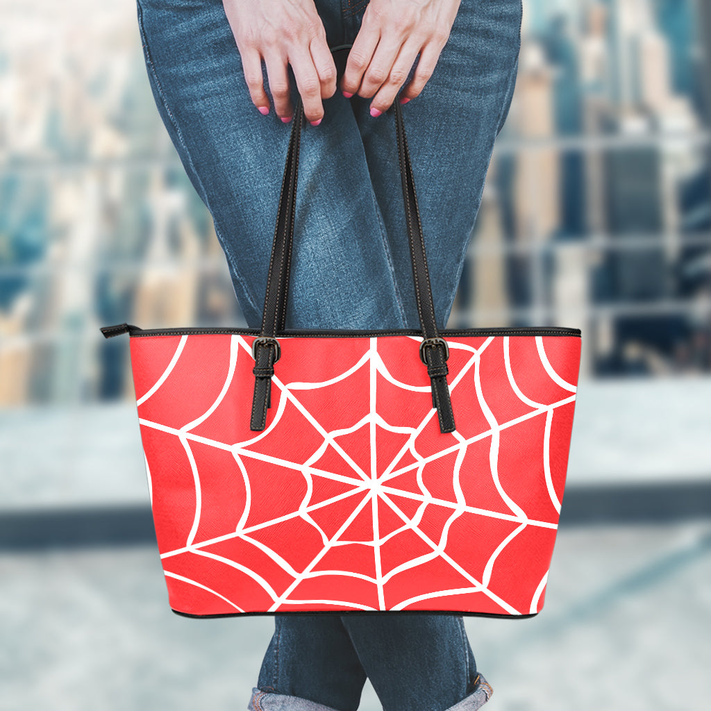 Red And White Spider Web Pattern Print Leather Tote Bag