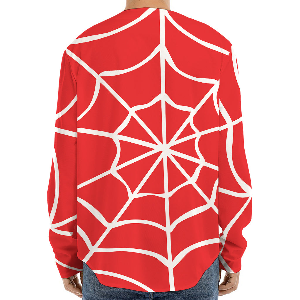 Red And White Spider Web Pattern Print Long Sleeve Baseball Jersey