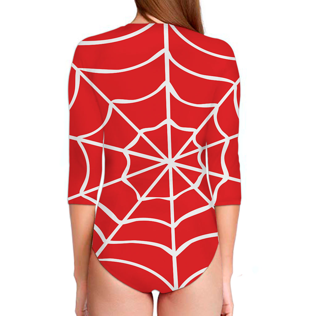 Red And White Spider Web Pattern Print Long Sleeve Swimsuit