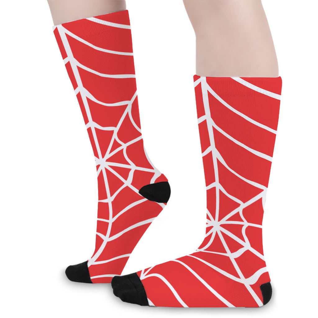 Red And White Spider Web Pattern Print Long Socks