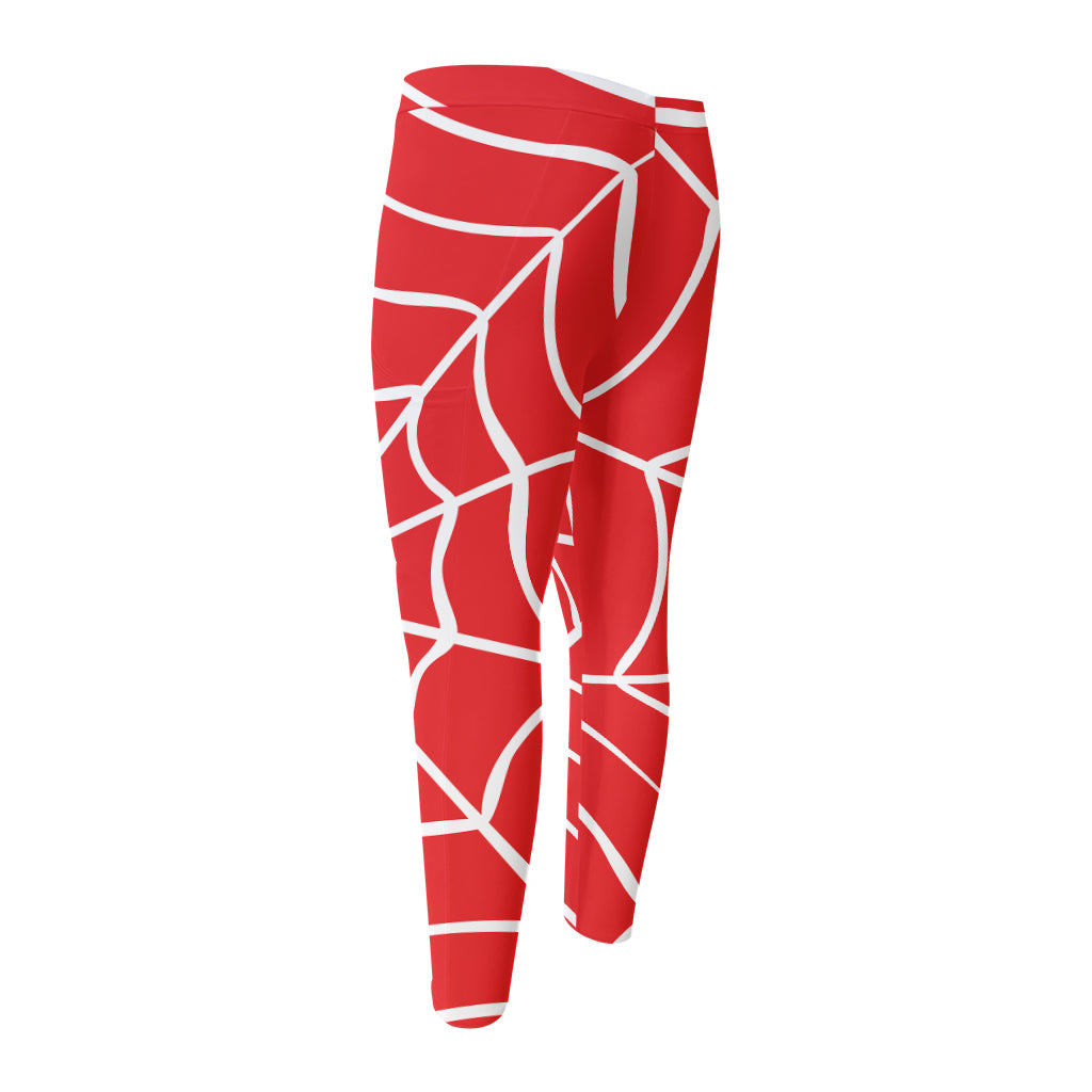 Red And White Spider Web Pattern Print Men's Compression Pants