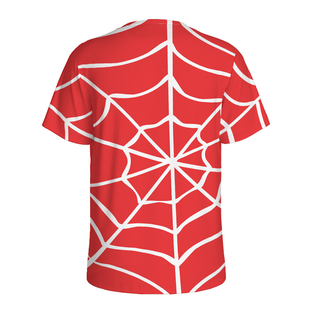 Red And White Spider Web Pattern Print Men's Sports T-Shirt