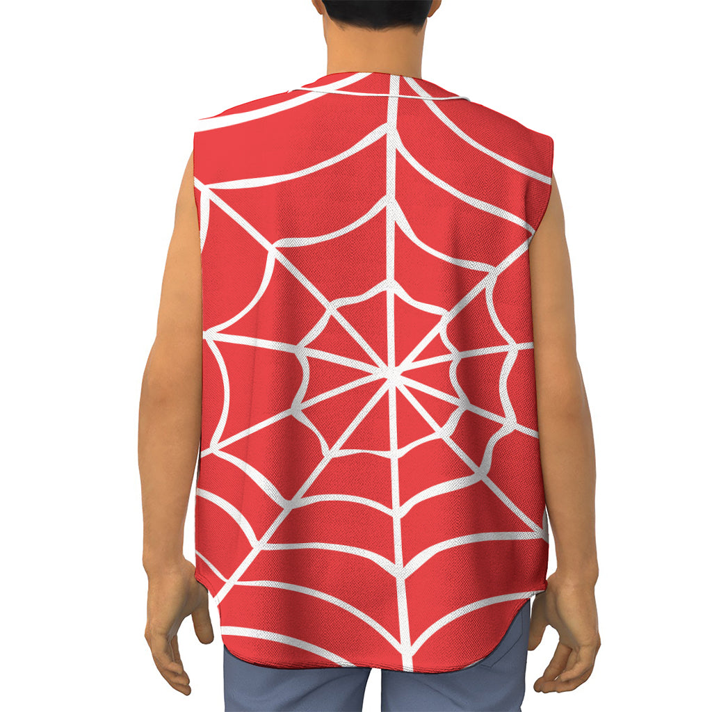 Red And White Spider Web Pattern Print Sleeveless Baseball Jersey