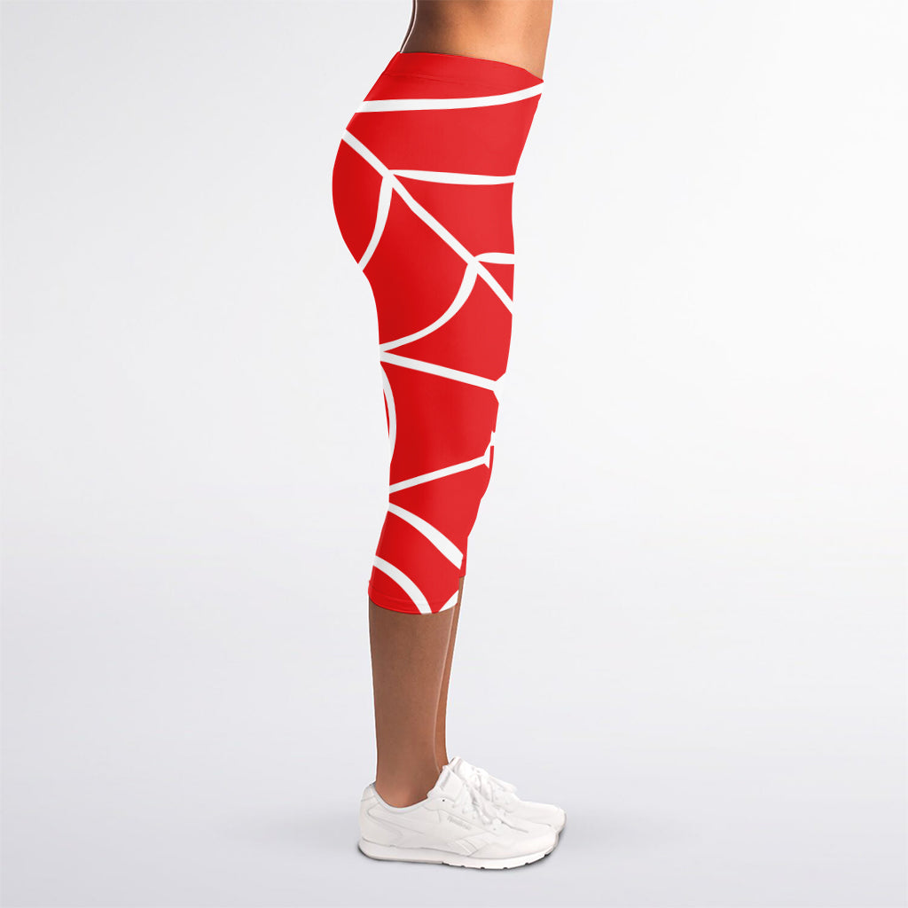 Red And White Spider Web Pattern Print Women's Capri Leggings
