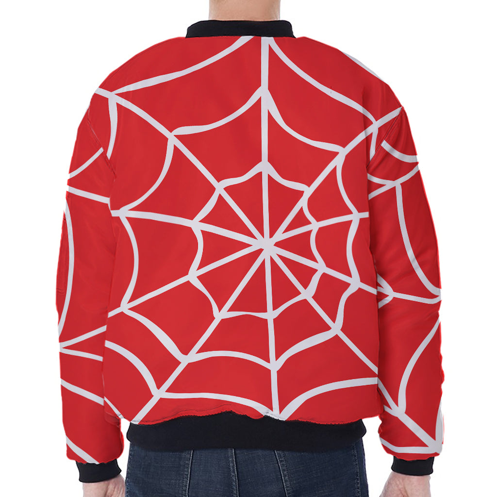 Red And White Spider Web Pattern Print Zip Sleeve Bomber Jacket