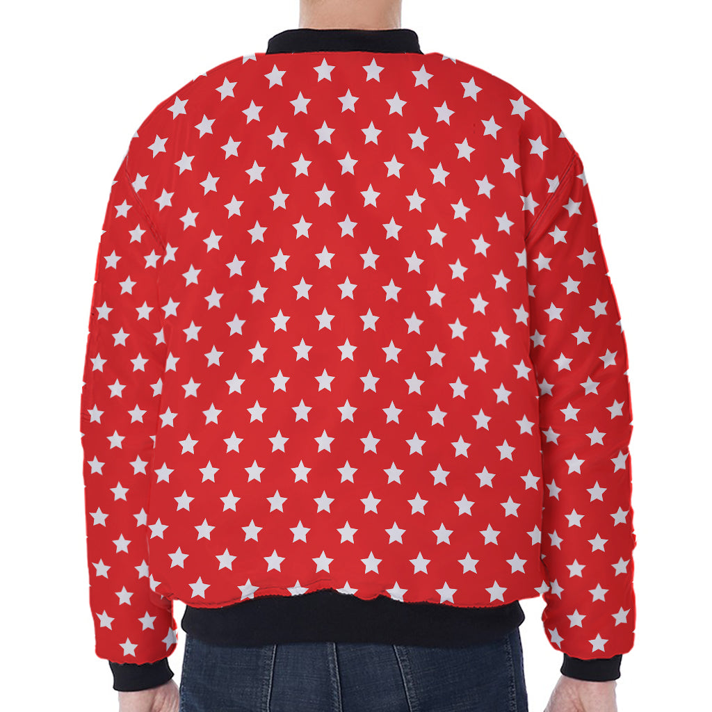 Red And White Star Pattern Print Zip Sleeve Bomber Jacket
