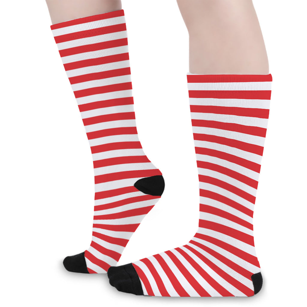 Red And White Striped Pattern Print Long Socks