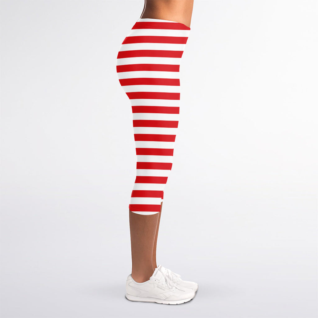 Red And White Striped Pattern Print Women's Capri Leggings
