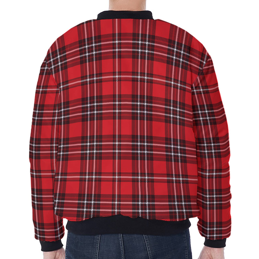 Red And White Tartan Pattern Print Zip Sleeve Bomber Jacket