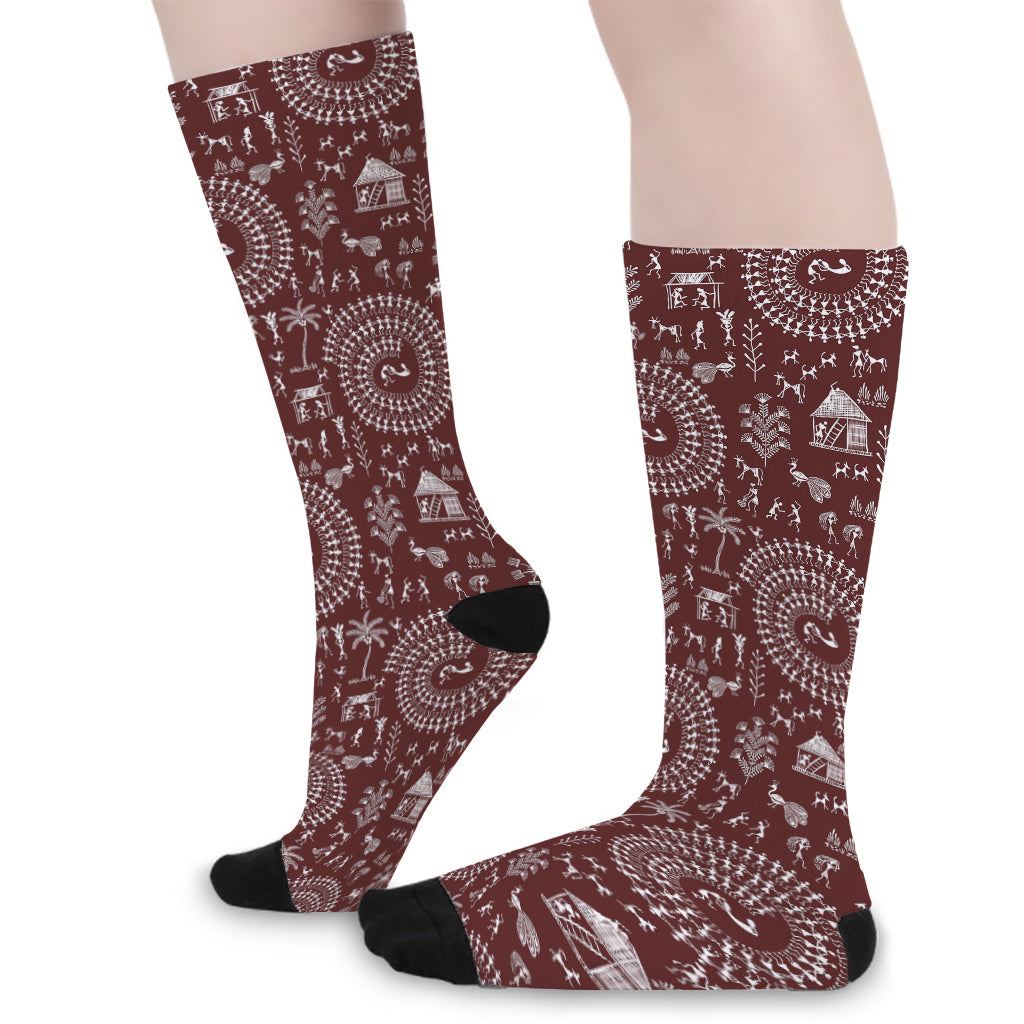 Red And White Warli Tribal Print Long Socks