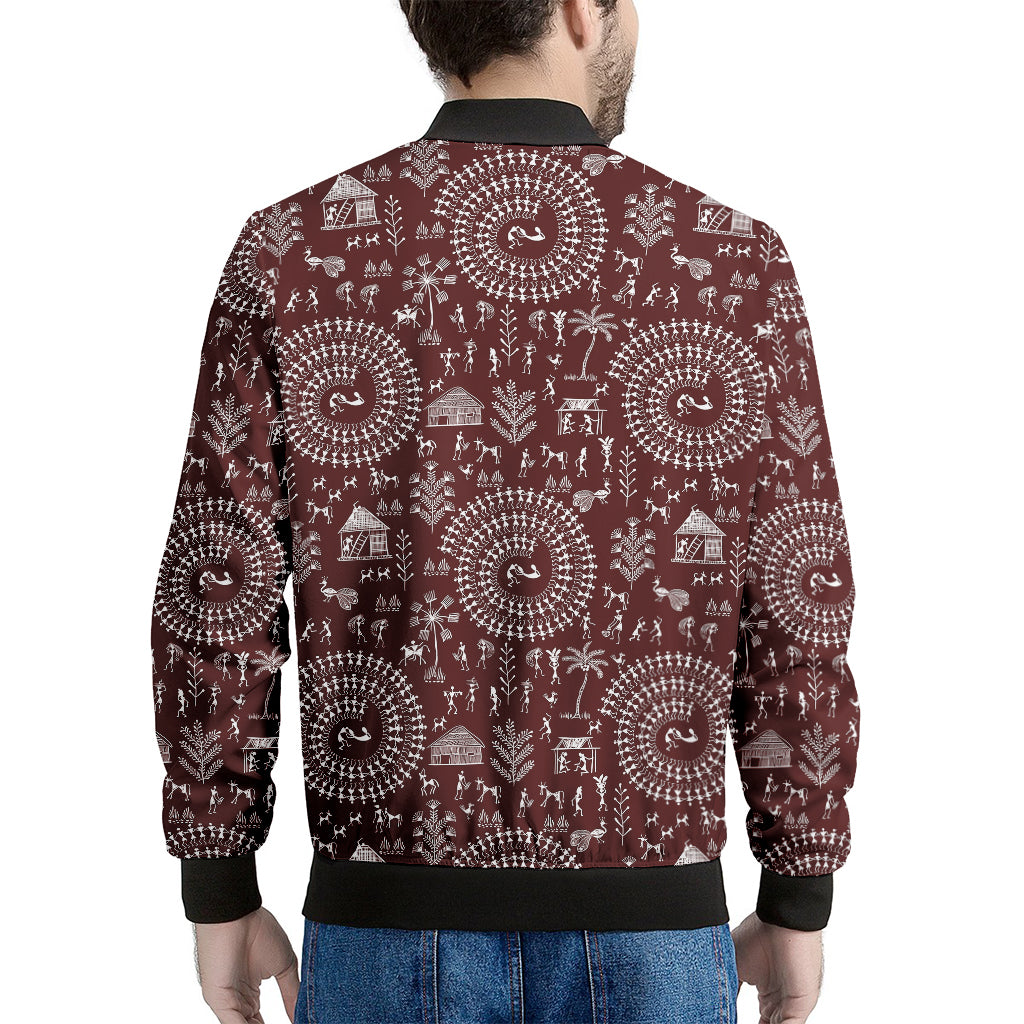Red And White Warli Tribal Print Men's Bomber Jacket