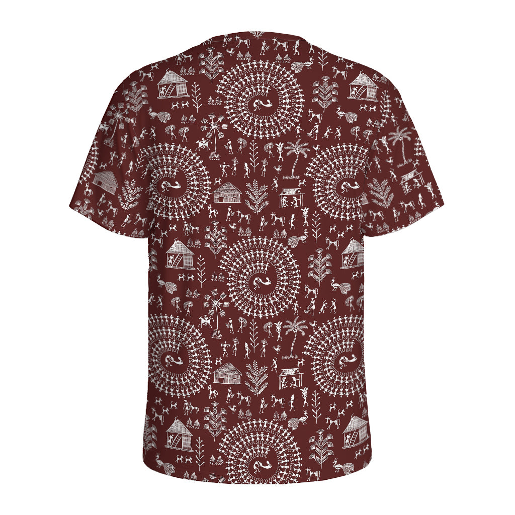 Red And White Warli Tribal Print Men's Sports T-Shirt