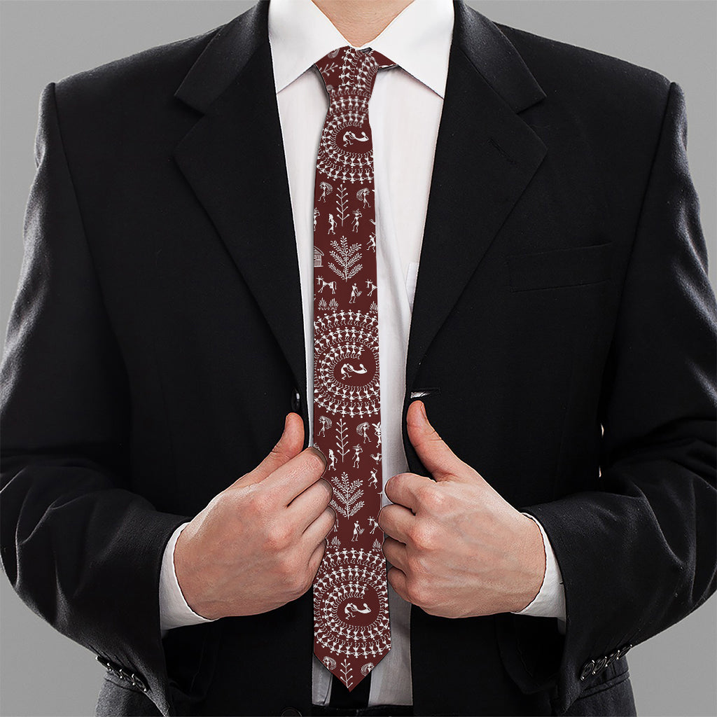 Red And White Warli Tribal Print Necktie
