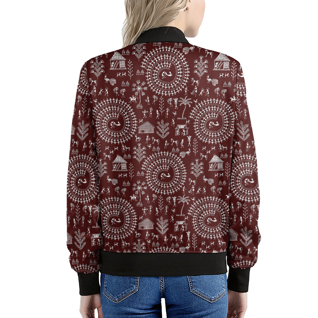 Red And White Warli Tribal Print Women's Bomber Jacket