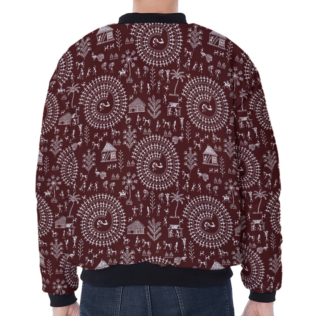 Red And White Warli Tribal Print Zip Sleeve Bomber Jacket
