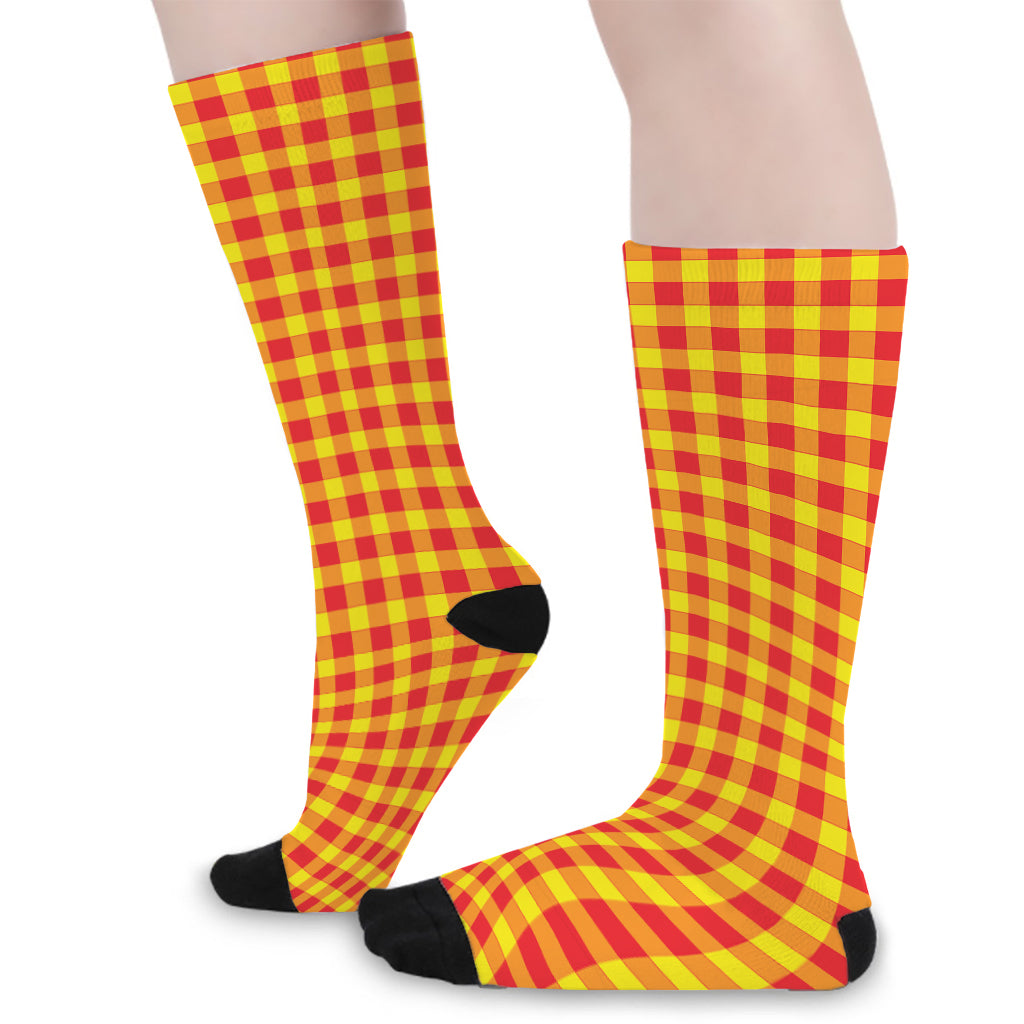 Red And Yellow Check Pattern Print Long Socks