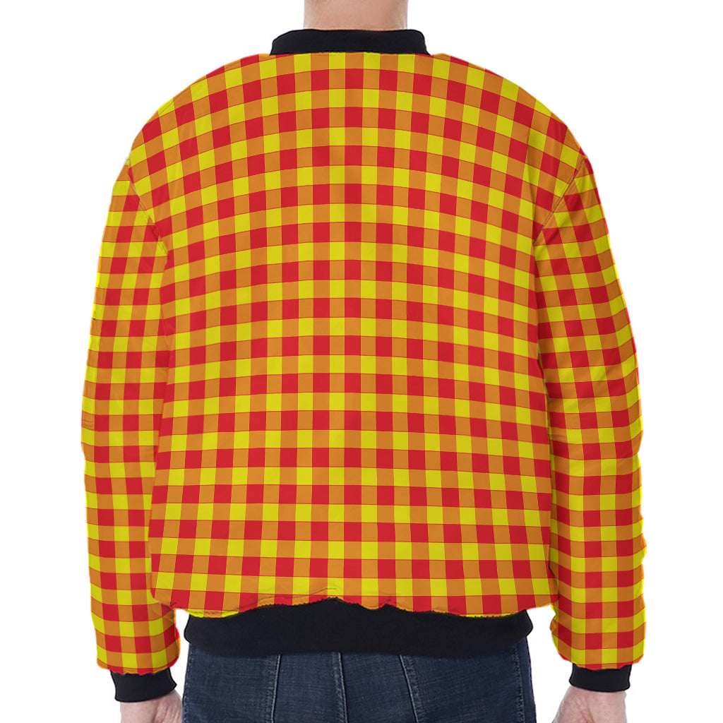 Red And Yellow Check Pattern Print Zip Sleeve Bomber Jacket
